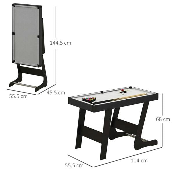 Grey folding pool table with legs extended and two cues on the light playing surface.