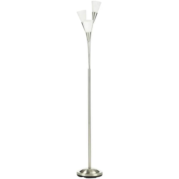 Tall silver standing floor lamp with three frosted cone glass shades