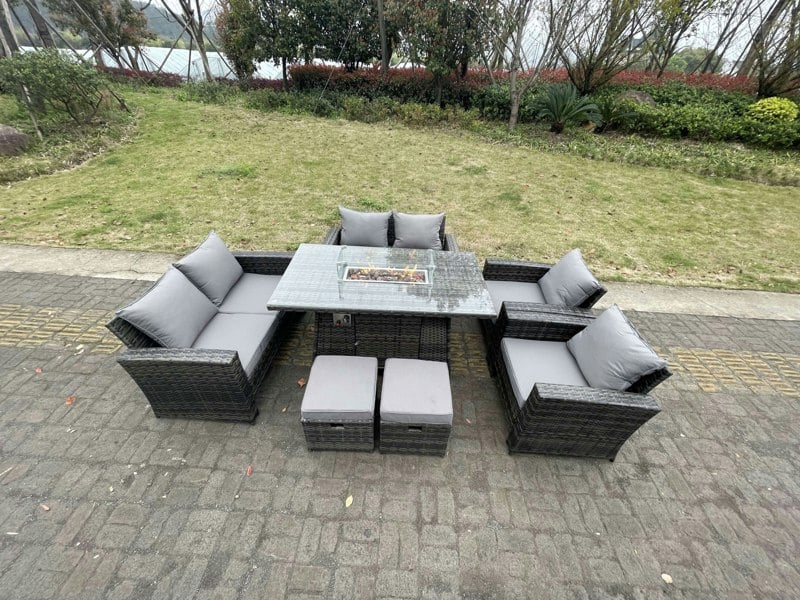 Fimous Rattan Outdoor Furniture Gas Fire Pit Rectangle Dining Table Gas Heater Chairs Two Seater Love Sofa Sets Footstools 8 Seater