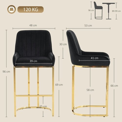 HOMCOM Bar Stools Set of 2 with Backrest, Footrest for Kitchen