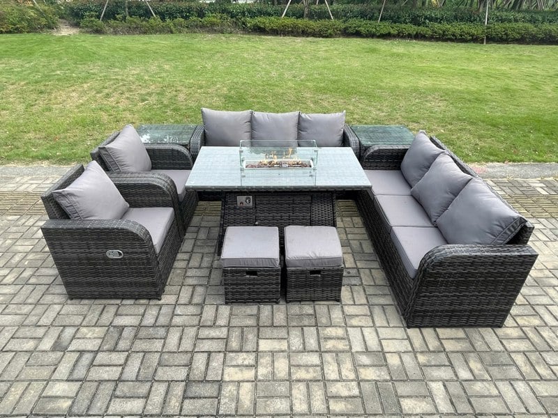 Fimous Rattan Outdoor Garden Furniture Set with Gas Fire Pit Dining Table, 2 Side Tables, 2 Chairs, 2 Sofas, 2 Footstools - 10 Seater - Dark Grey