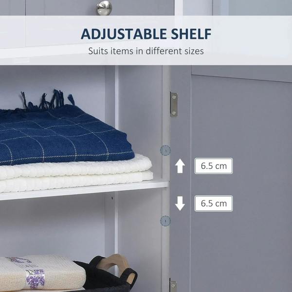 Adjustable shelf inside grey cabinet with blue folded towels on a white shelf base