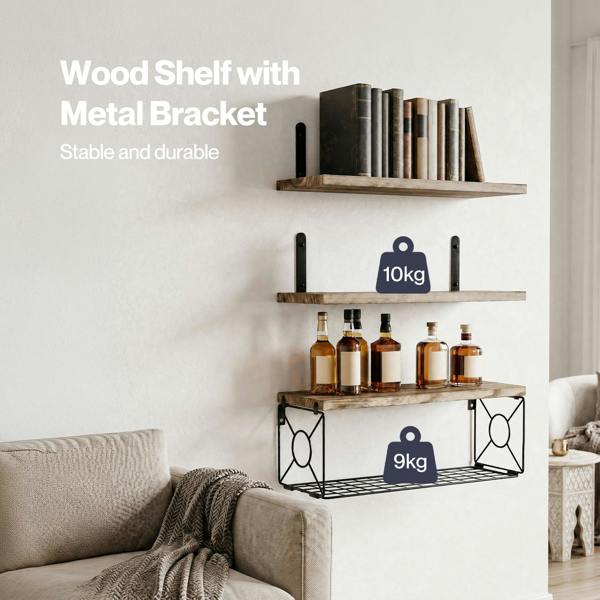 Levede Wood Floating Shelves 3 Tier Bathroom Wall Shelves with Storage Basket