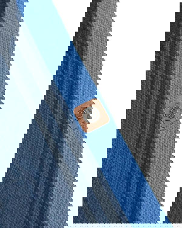 Lambretta Mens Vintage Classic Mod Ska Casual Smart Polo, close-up of a blue polo shirt with black stripes and a brown leather button detail.