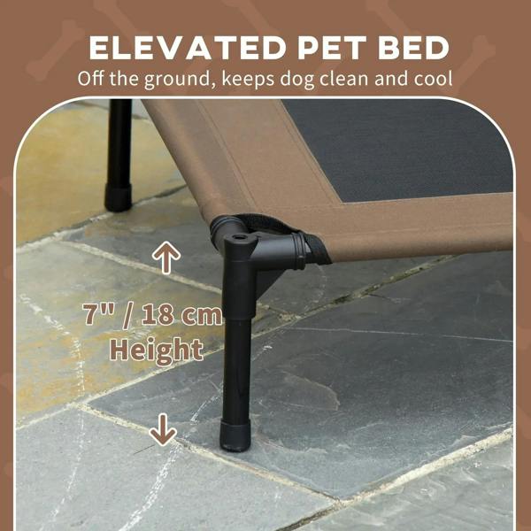 Elevated dog bed cot with canopy showing 18 cm height clearance from ground