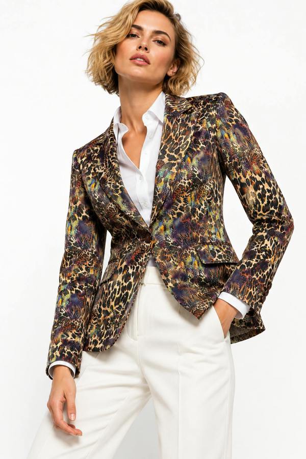 Gold and black animal pattern on the Gilded Instinct blazer