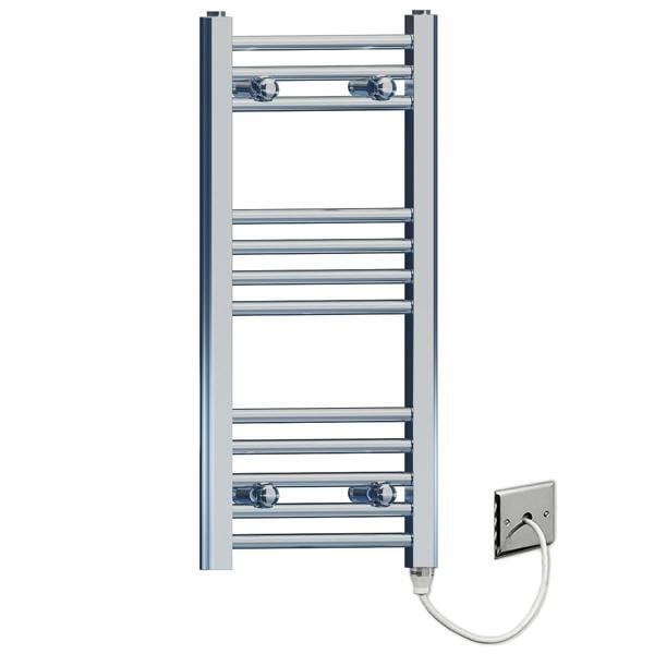 MYHOMEWARE 300 x 700mm Flat Chrome Electric Pre-Filled Heated Towel Rail Radiator For Bathroom Designer Standard Element