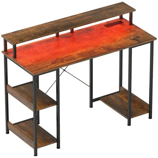 Rustic brown computer desk with metal frame and built-in side shelves