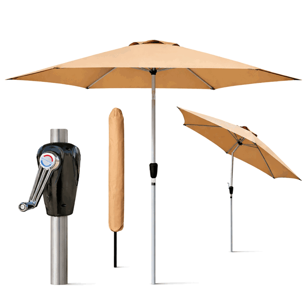 GlamHaus Tilting Garden Parasol Table Umbrella 2.7M with Crank Handle, UV40 Protection, Includes Protection Cover - Sand