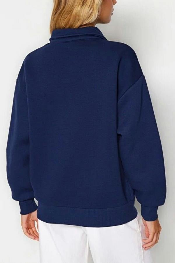 WOVCOR Shirt Collar Slogan Embroidered Polar Fleece Knit Sweatshirt