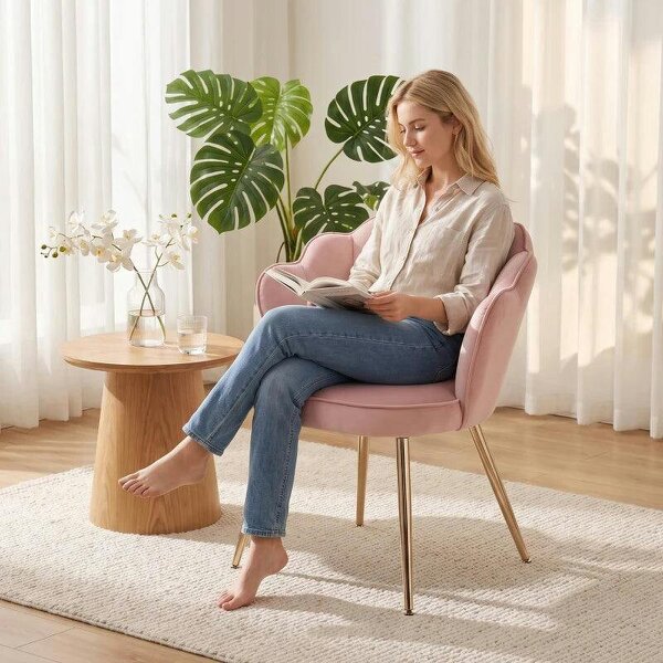 Accent Chair Velvet Upholstered Armchair Lotus Back Heart Pillow Lumbar Pillow Metal Legs Soft Pink