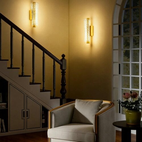 Bobobiy Led Wall Lamp 2 Pack, 9W Modern Indoor Geometric Mesh Wall Light, Colour Temperature Adjustable 3000K/4000K/6500K, Stairs, Gold Tone