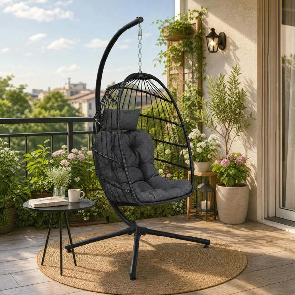Living and Home Egg-Shaped Hanging Chair with Soft Cushion & Headrest