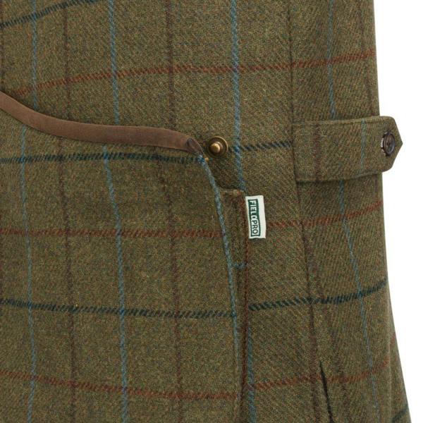 Close-up of Hoggs of Fife Kingussie Technical Tweed Field Waistcoat showing tweed fabric, side adjuster and faux nubuck trim