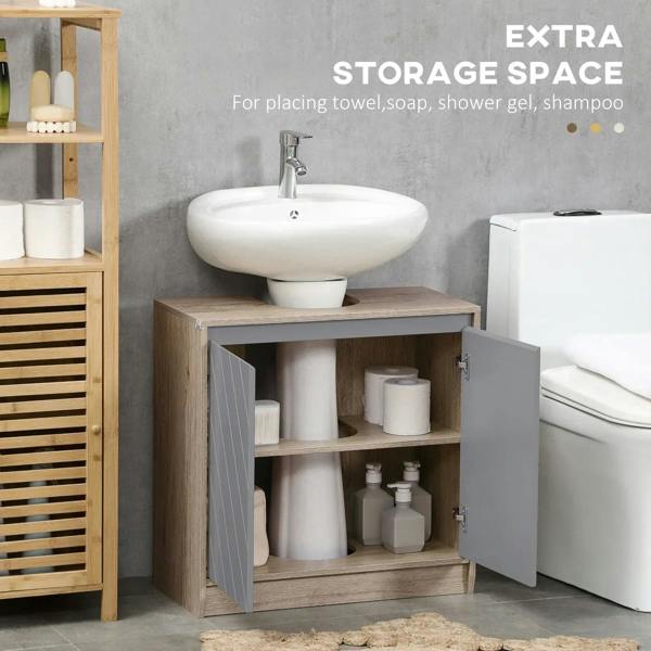 Bathroom storage cabinet with open door revealing adjustable inner shelf and compartments