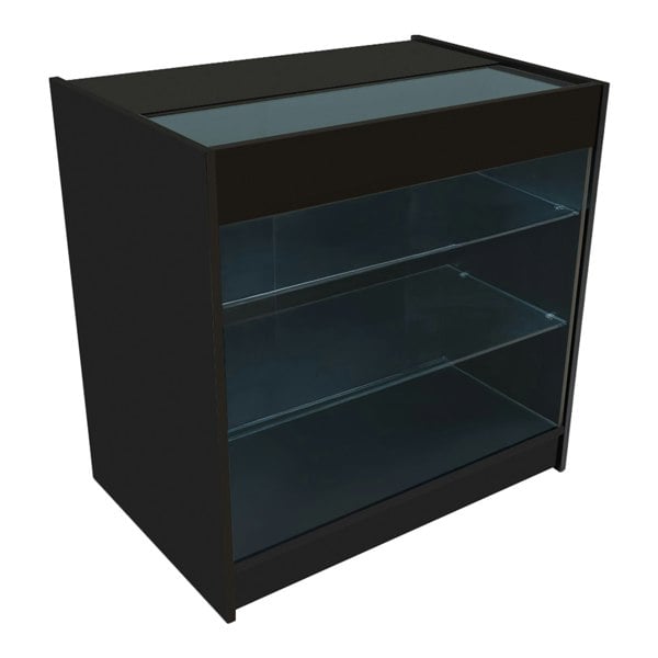 Aries LED Shop Counter Set in black, featuring a sleek design with glass shelves and a top display area for products