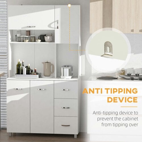Wyld Haus Vivivi Hapa Wooden White Tall Kitchen Sideboard With Drawers Flip Door Cupboards And OFauxn Shelves