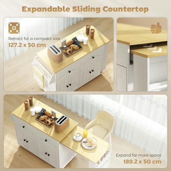 Rolling Kitchen with Expandable Top, Kitchen Island on Wheels with USB Ports & Power Outlets, Storage, White