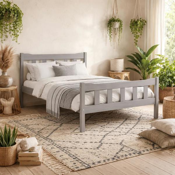 Wyld Haus Tralee Grey Washed Wooden 5ft King Size Bed with Panelled Headboard and Footboard