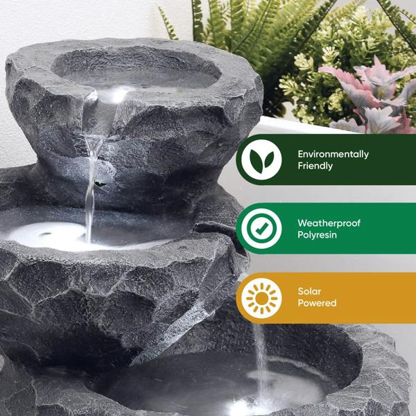 Gardenwize Solar Powered Three-Tiered Rock Water Feature with Battery Backup