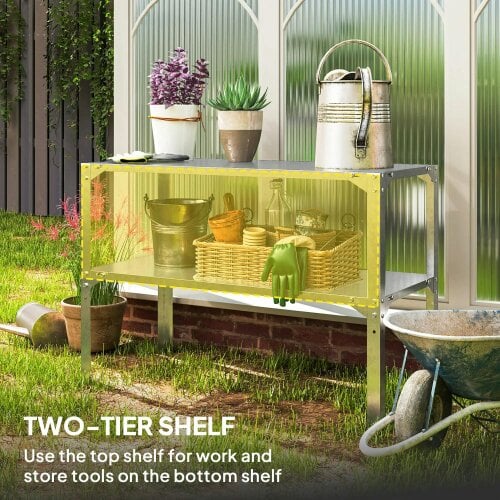 Bobobiy 2 Tier Potting Bench Table, Galvanised Steel Garden Planting Work Bench Workstation with Storage Shelf, 110 x 50 x 75 cm, Silver Tone