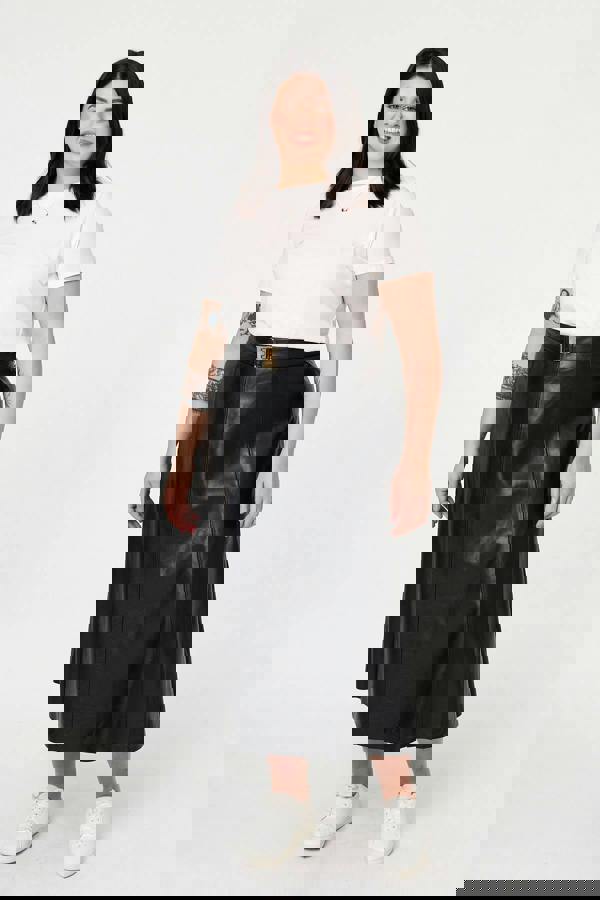 Black | Curve Faux Leather Belted Midi Skirt