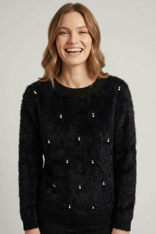 Black | Pearl Embellished Soft Textured Jumper