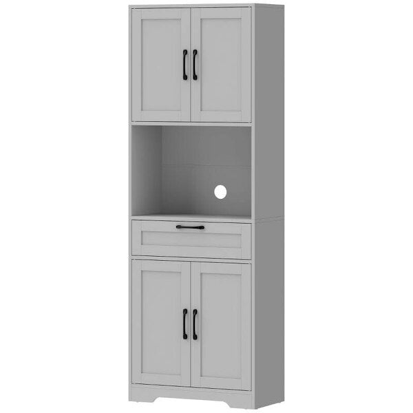 170 cm Tall Kitchen Pantry with Adjustable Shelves, Freestanding Storage Cabinet with Open Shelf, Grey