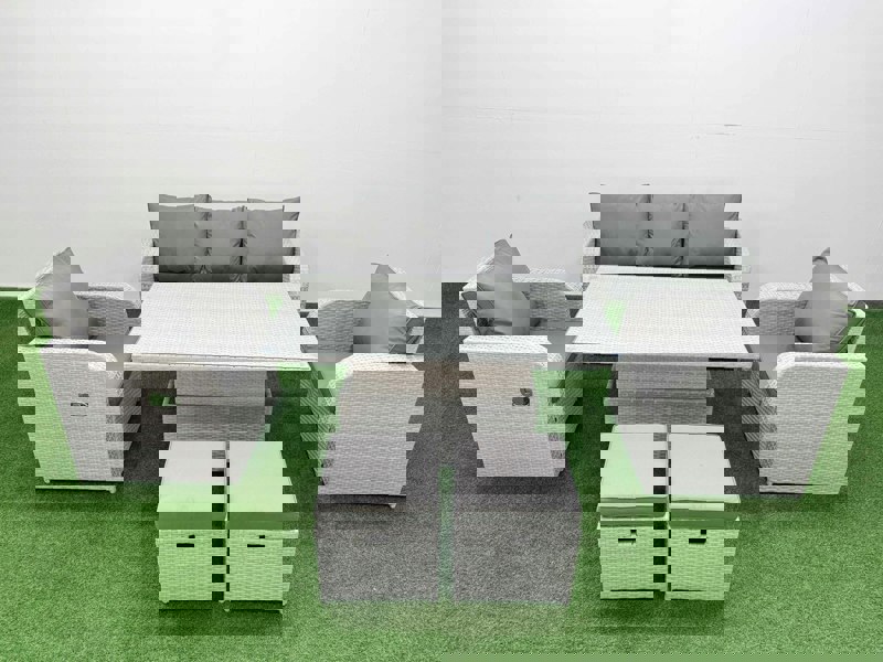 Fimous PE Rattan Garden Furniture Set Reclining Chair Sofa Lounge Sofa Set Adjustable Lifting Dining or Coffee Table 2 Small Stools Light Grey