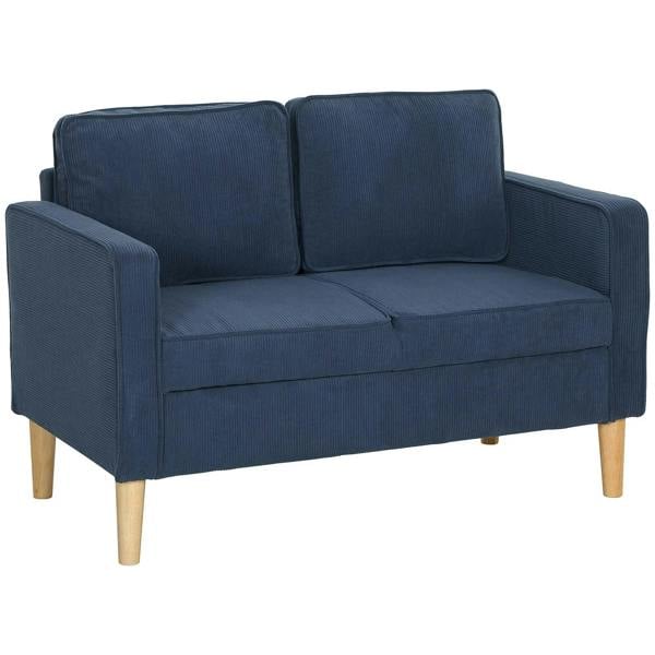 Blue corduroy two-seater sofa with squared arms, two back cushions, and wooden legs