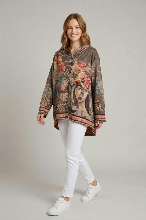 Olive | Abstract Relaxed Hooded Zip Front Jacket
