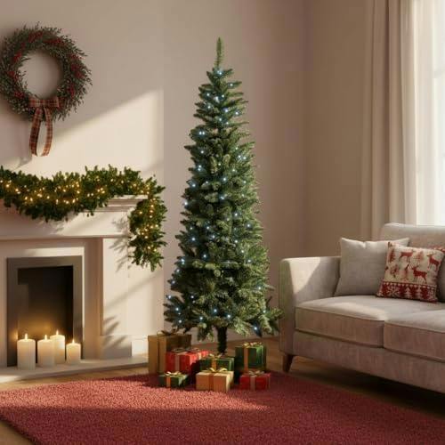 4ft to 8ft Slim Pre-Lit Green Christmas Trees with Cool White LEDs and Metal Base image 3