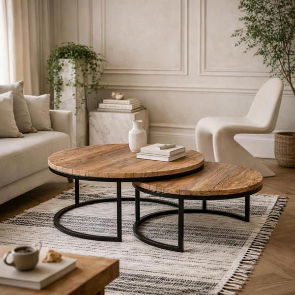 Wyld Haus Set of 2 Yllas Railway Sleepers Nesting Round Coffee Tables