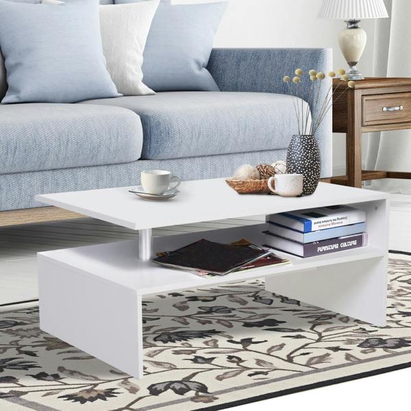 Wyld Haus Vifama Wooden White 2 Tier Coffee Table With Open Shelving And Aluminium Supports