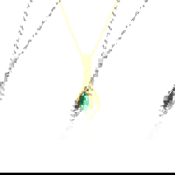 135P1915039 Classic Pear Emerald & Three Diamond Leaf Halo Pendant in 9ct Gold 4