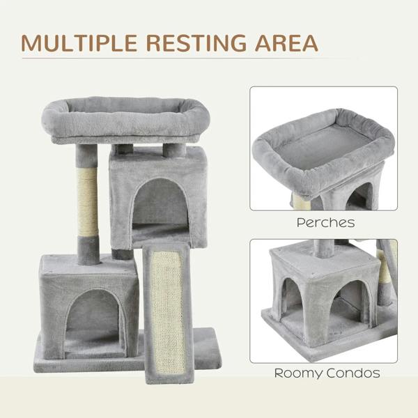 Grey cat tree with multiple resting areas, top perch, enclosed condos, and sisal scratch panel
