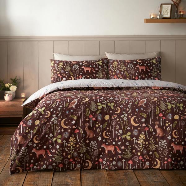 Catherine Lansfield Enchanted Twilight Animals Reversible Duvet Cover Set Chocolate