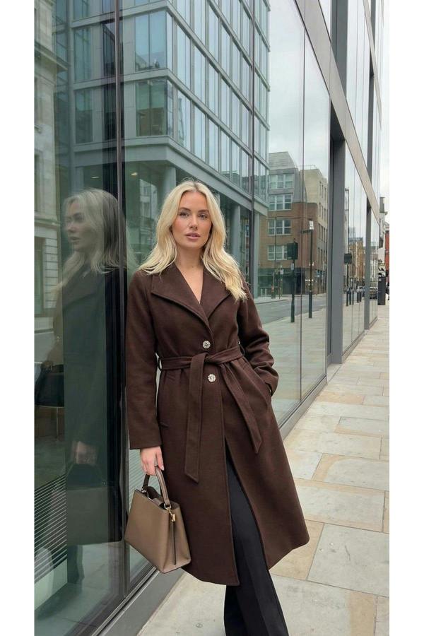 Marelle Belted Longline Coat With Button Detail - Brown