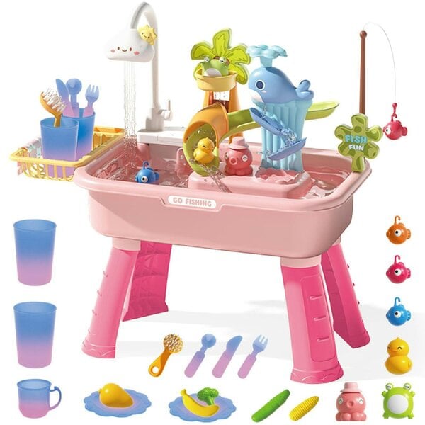 deAO Toys 2 in 1 Beach Table & Simulation Kitchen Sink Toy Set with Water Supply Function and Color-Changing Tableware - Pink