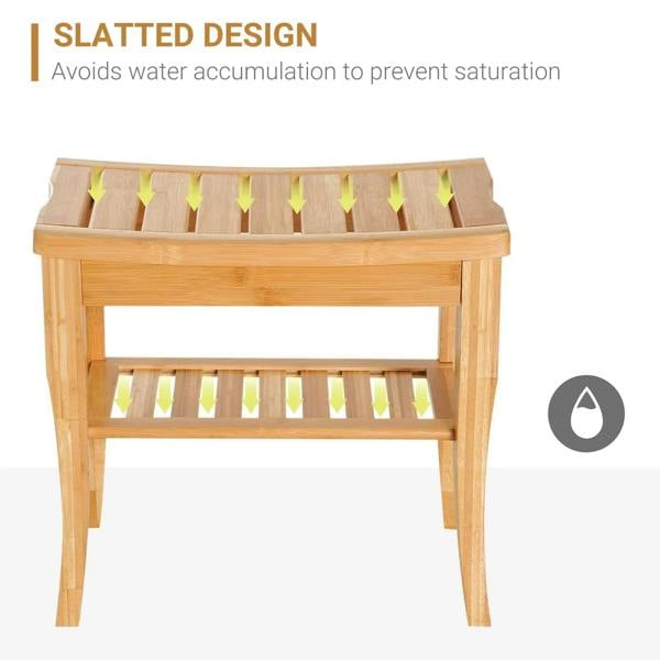 Natural wood slatted shower bench showing open drainage design across the top tier.