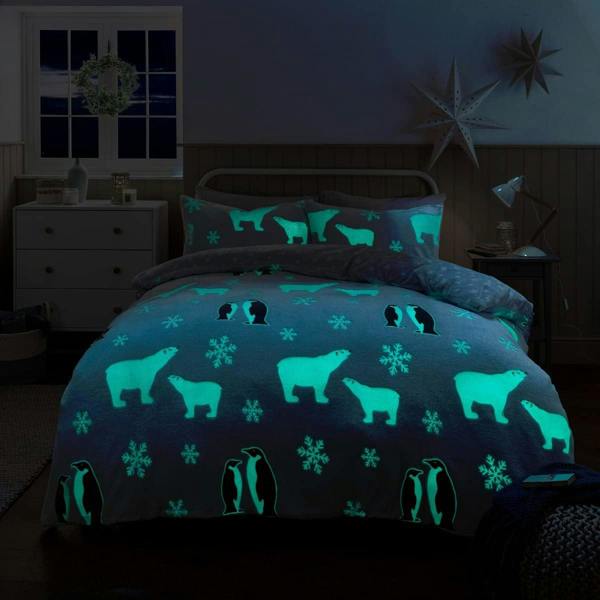 Smart Living Teddy Penguin & Polar Bear Glow in The Dark Reversible Fleece Duvet Cover with Pillowcases