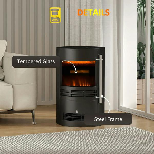 Black electric fireplace heater with tempered glass front and steel frame highlights