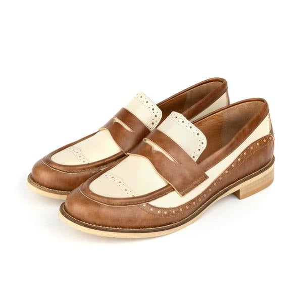 Embassy London Angelina - Tan & Cream - Women's leather almond toe penny loafer with broguing