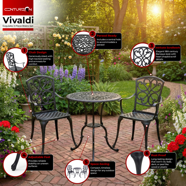 Centurion Supports VIVALDI 3-Piece Aluminium Garden Bistro Set - Round Table with Parasol Hole & 2 Generously Sized Armchairs - Baroque Design (Black)