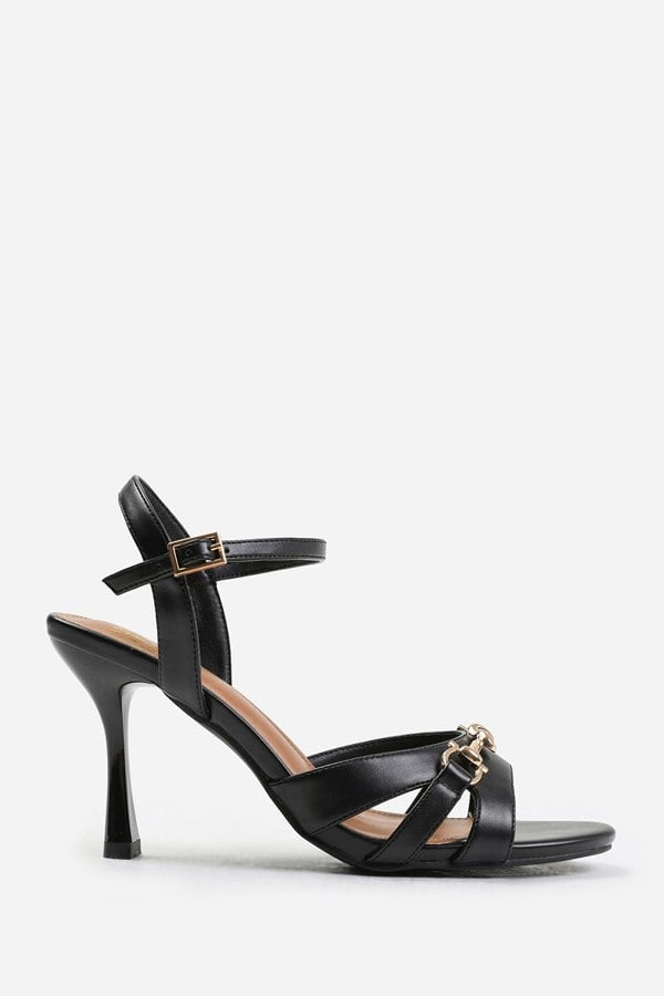 Where's That From Harriet Wide Fit Mid Heels With Metal Detailing in Black Faux Leather