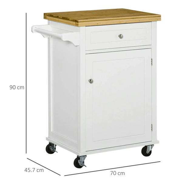 White kitchen cart with bamboo top, drawer, cabinet storage, and four caster wheels