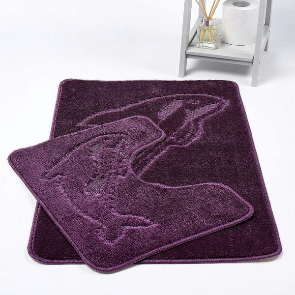 Night Zone Dolphin 2 Piece Bath Mat & Pedestal Set – Non-Slip Absorbent Bathroom Rug Set - Plum