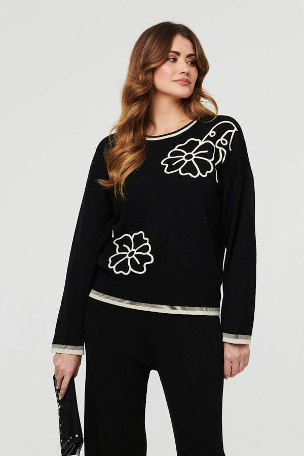 Black | Floral Trim Jumper & Trousers Co-Ord Set
