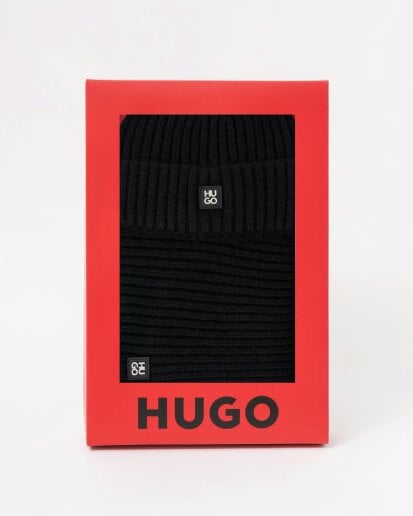 HUGO Zasgo Mens Beanie and Scarf Gift Set  - Black 001