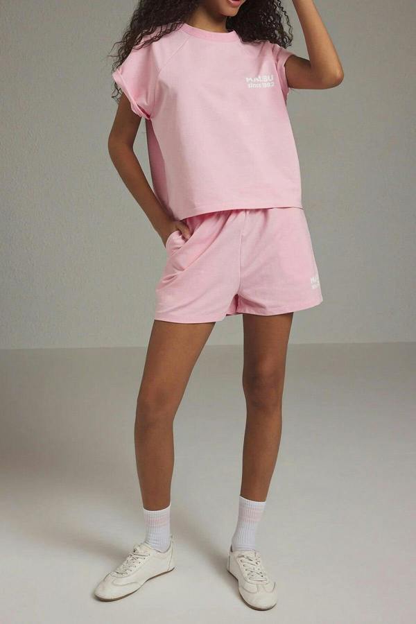 WOVCOR 2-Piece Relaxed Fit Slogan Print T-shirt and Shorts Knitted Set